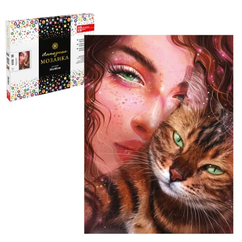 Алмазная мозаика "Девушка с Котом", 30*40 см
