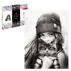 Алмазная мозаика "Девушка с котом", 30*40 см