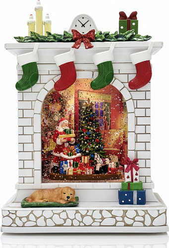 НОВОГОДНИЙ ФОНАРЬ КАМИН БЕЛЫЙ САНТА И ЕЛКА 